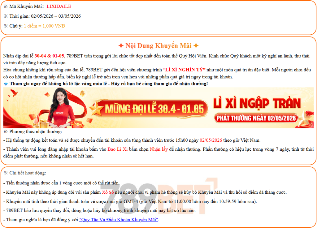 Khuyễn mại 789bet: mừng đại lễ 30/04 tại 789bet.