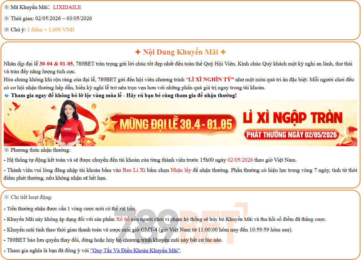 Khuyễn mại 789bet: mừng đại lễ 30/4 tại 789bet.